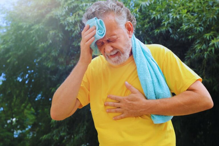 Homem demonstrando sinais de exaustão por calor em um dia de alta temperatura