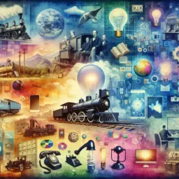 Colagem ilustrativa mostrando diversas invenções históricas e tecnológicas, como trens, lâmpadas, telefones e computadores, representando o impacto das invenções na sociedade moderna