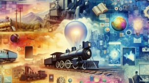 Colagem ilustrativa mostrando diversas invenções históricas e tecnológicas, como trens, lâmpadas, telefones e computadores, representando o impacto das invenções na sociedade moderna