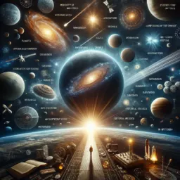 Representação artística do universo com planetas, galáxias, satélites e fenômenos cósmicos, ilustrando fatos surpreendentes sobre o espaço que você não aprendeu na escola.