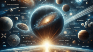 Representação artística do universo com planetas, galáxias, satélites e fenômenos cósmicos, ilustrando fatos surpreendentes sobre o espaço que você não aprendeu na escola.