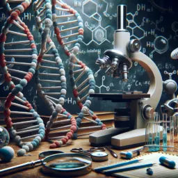 Ilustração conceitual do DNA em dupla hélice com elementos científicos ao fundo