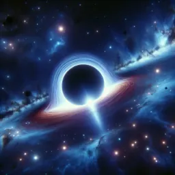 Representação artística de um buraco negro emitindo jatos de energia no centro de uma galáxia, ilustrando os mistérios profundos do universo