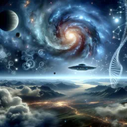 Ilustração conceitual dos maiores mistérios da ciência — universo, DNA, buracos negros e consciência.