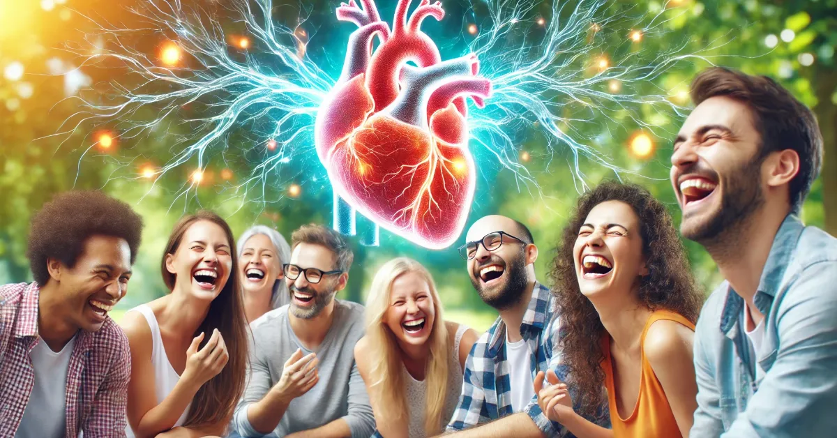 Pessoas rindo com ícones de cérebro e coração ao fundo, representando os efeitos do riso no corpo.