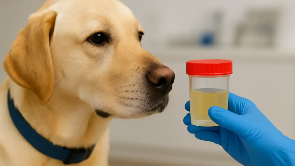 Cão Labrador farejando amostra médica de urina em um recipiente plástico com tampa vermelha, sob observação de um profissional com luvas azuis