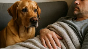 Cão atento observando seu tutor doente no sofá, demonstrando sensibilidade a sinais precoces de doenças em humanos