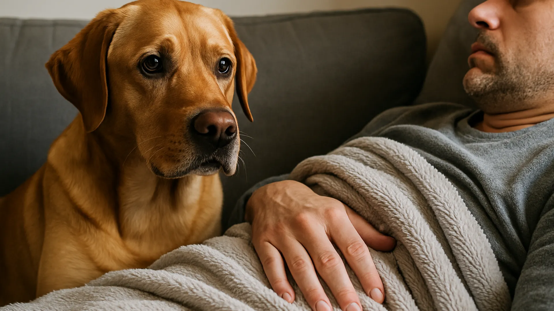 Cão atento observando seu tutor doente no sofá, demonstrando sensibilidade a sinais precoces de doenças em humanos