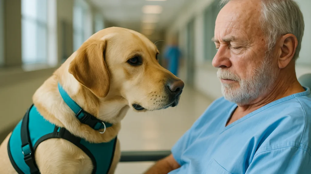 Cão de terapia com colete azul observando paciente idoso em hospital, demonstrando empatia e sensibilidade a sinais de saúde