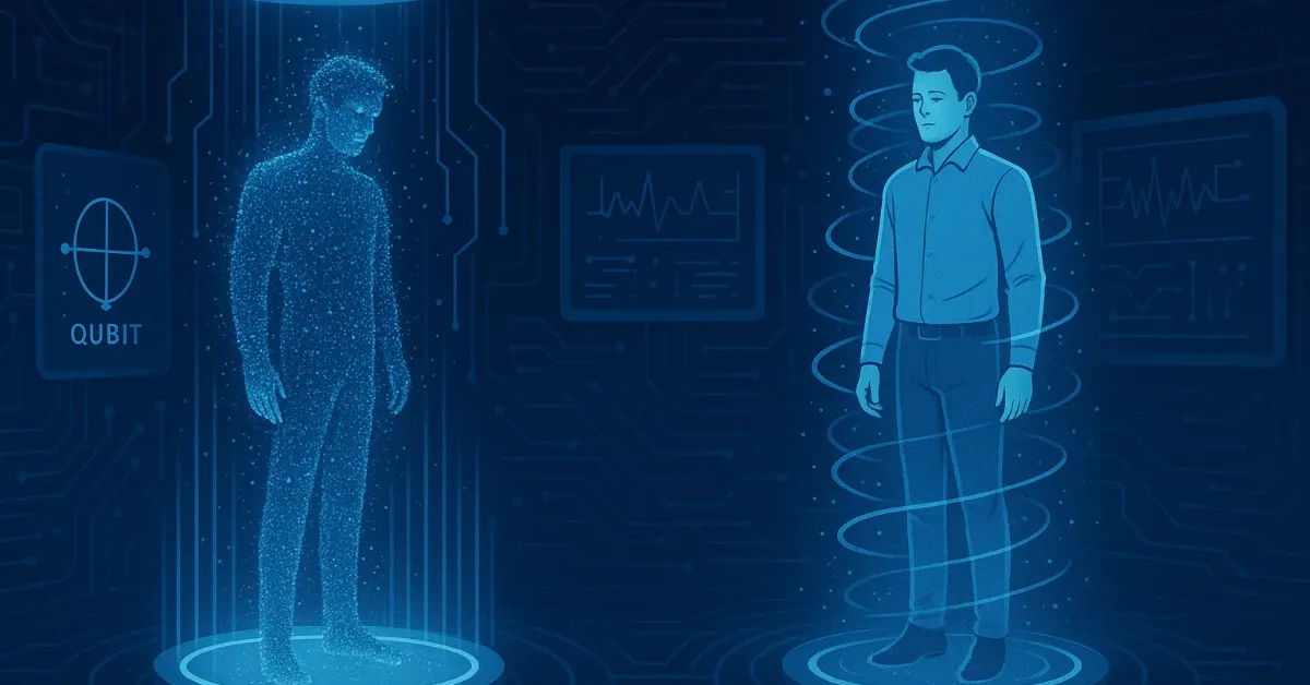 Partículas sendo teletransportadas por emaranhamento quântico com feixes de luz em laboratório futurista