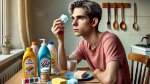Pessoa comendo gelo e segurando sabão colorido, representando a dieta mais bizarra do mundo