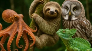 Animais com habilidades sobrenaturais, como camaleão, polvo e axolote, ilustrados de forma realista
