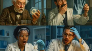 Cientistas em laboratórios antigos e modernos reagindo a descobertas acidentais revolucionárias