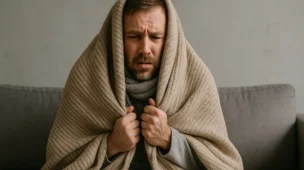 Homem com frio intenso coberto por manta durante um episódio de febre, por que sentimos frito quando estamos com febre