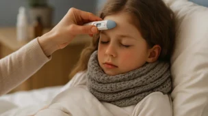 Representação realista do corpo humano com temperatura elevada, destacando o sistema imunológico ativo e os efeitos da febre no organismo.