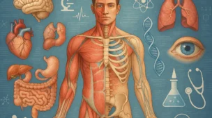Ilustração realista do corpo humano com elementos científicos destacados, representando curiosidades sobre órgãos e funções vitais