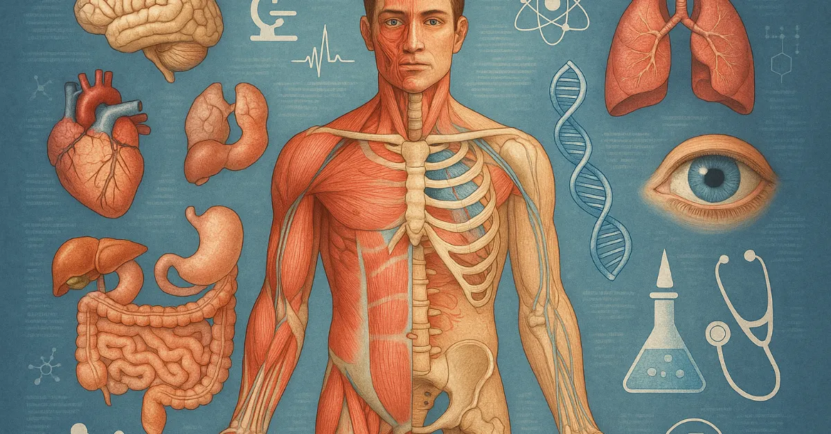 Ilustração realista do corpo humano com elementos científicos destacados, representando curiosidades sobre órgãos e funções vitais
