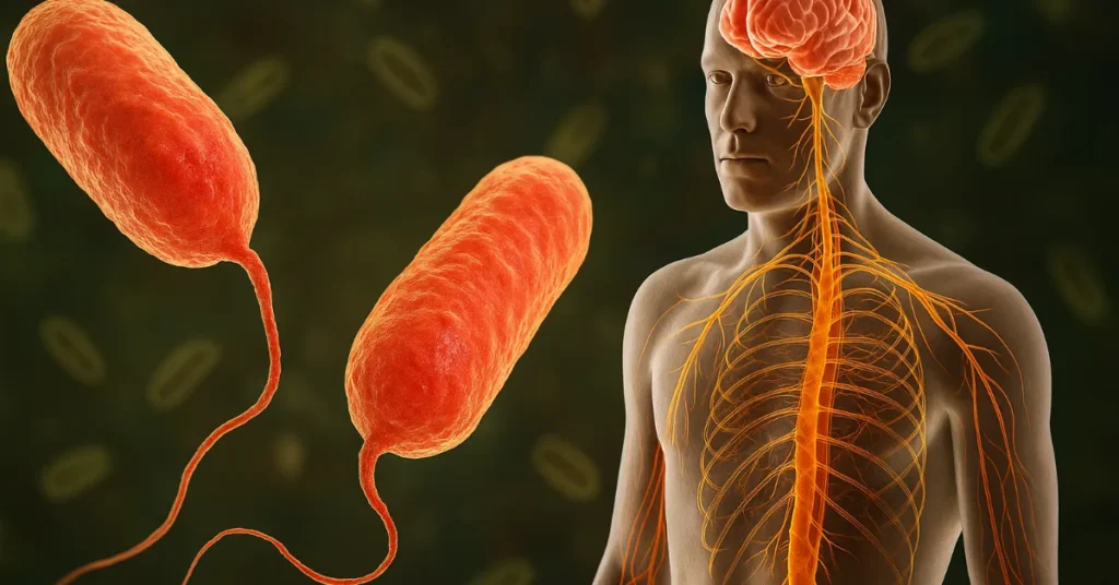 Representação realista da bactéria mais mortal do planeta, Clostridium botulinum, atacando o sistema nervoso humano