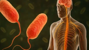 Representação realista da bactéria mais mortal do planeta, Clostridium botulinum, atacando o sistema nervoso humano