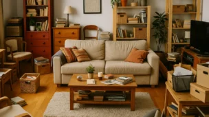 Sala desorganizada com muitos móveis e objetos acumulados, representando erros comuns de decoração que sobrecarregam o ambiente