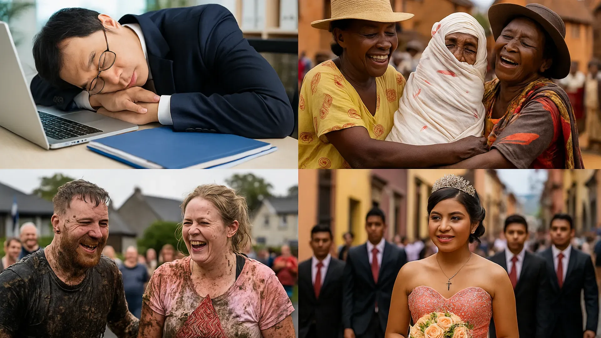 radições de outros países ilustradas em cenas realistas do Japão, Escócia, México e Madagascar