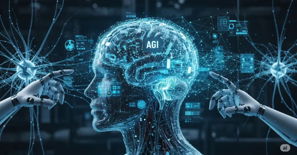 Uma interface cerebral de IA futurista e ultra-realista representando a Inteligência Artificial Geral (AGI), interconectada com redes humanas, fluxos de dados e braços robóticos. A imagem apresenta iluminação ambiente, um fundo tecnológico escuro e destaques em azul-ciano, com uma composição cinematográfica