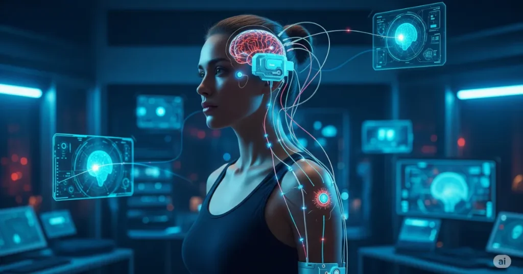 A hyper-realistic editorial-style image of a young woman with a futuristic wearable device seamlessly integrated into her body, enhancing her brain and body using AI, set in a tech-lab environment with glowing neural interfaces