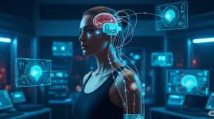 A hyper-realistic editorial-style image of a young woman with a futuristic wearable device seamlessly integrated into her body, enhancing her brain and body using AI, set in a tech-lab environment with glowing neural interfaces