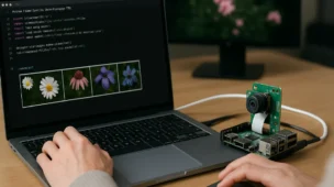 Pessoa programando um dispositivo com IA embarcada, em ambiente moderno de desenvolvimento, com tela mostrando código de TensorFlow e imagens sendo processadas por inteligência artificial local.