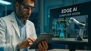 Cientista usando tablet em laboratório moderno, ao lado de um monitor que exibe a aplicação de visão computacional com IA de borda (Edge AI) em tempo real, mostrando um braço robótico analisando um frasco de vidro com líquido azul.