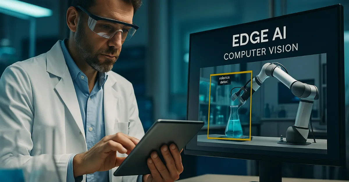 Cientista usando tablet em laboratório moderno, ao lado de um monitor que exibe a aplicação de visão computacional com IA de borda (Edge AI) em tempo real, mostrando um braço robótico analisando um frasco de vidro com líquido azul.