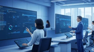 Um escritório corporativo moderno com dashboards digitais alimentados por IA do Google. Visualizações de dados, fluxos de trabalho de automação e interfaces inteligentes são exibidos enquanto pessoas interagem com a tecnologia de IA em um ambiente tecnológico elegante. A cena é dominada por tons de azul, iluminação realista e uma sensação de alta tecnologia