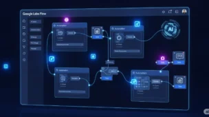 Interface digital moderna representando o Google Labs Flow. A tela exibe múltiplos blocos de fluxo de trabalho de IA interconectados com caminhos visuais de automação, nós de dados brilhantes e ícones futuristas. O ambiente é elegante e de alta tecnologia, com detalhes em neon azul e roxo, fundo escuro e um layout profissional
