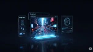 Interface digital futurista do Google Veo 3. Uma tela holográfica elegante exibe uma cena urbana cinematográfica detalhada, com sobreposições digitais indicando geração de vídeo e áudio em tempo real. O ambiente apresenta tons de neon azul brilhante, elementos de design minimalistas de alta tecnologia e um layout limpo e moderno. O fundo é escuro com reflexos sutis, enfatizando a interface brilhante e criando uma atmosfera profissional e impulsionada por IA
