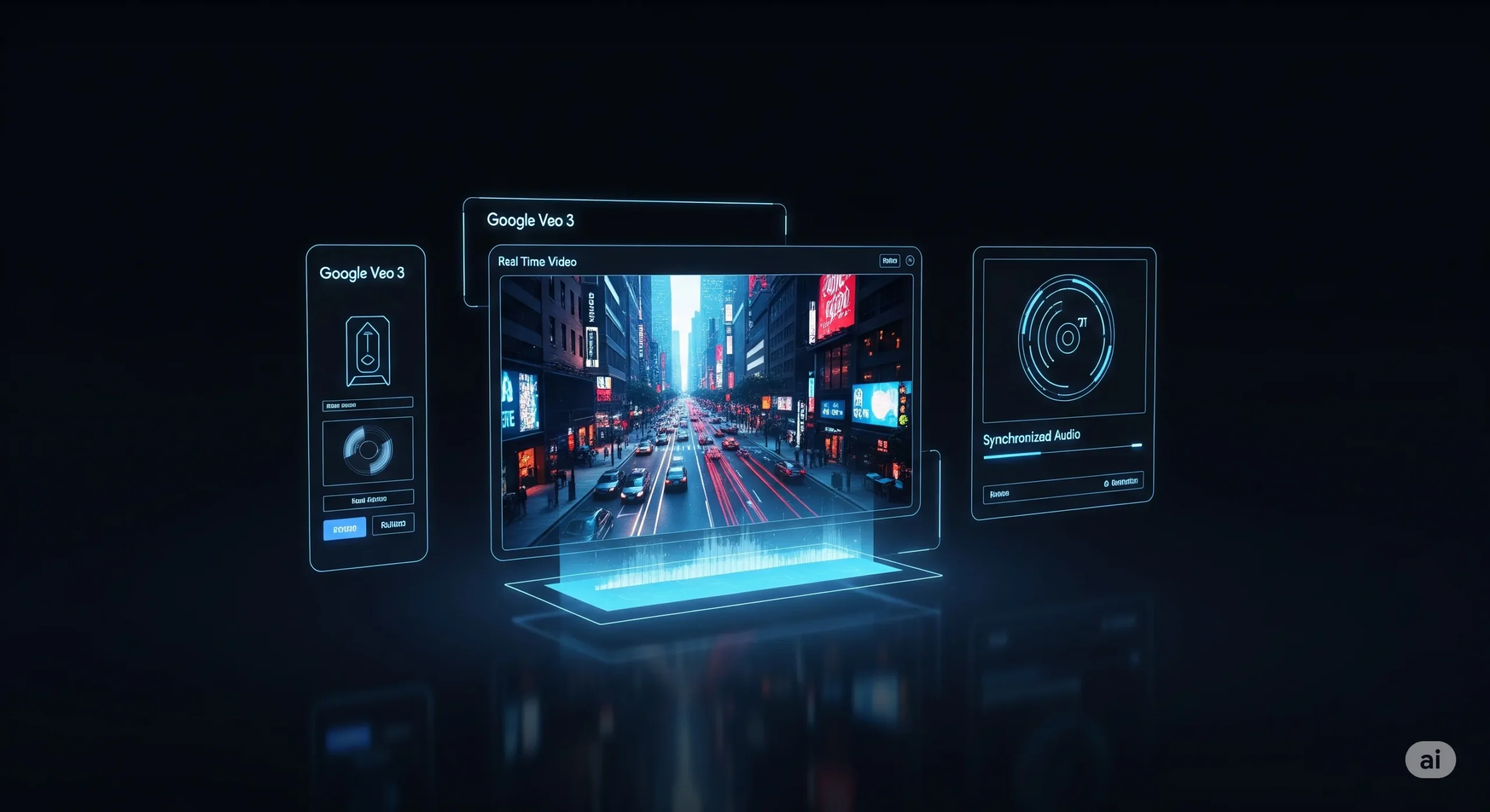 Interface digital futurista do Google Veo 3. Uma tela holográfica elegante exibe uma cena urbana cinematográfica detalhada, com sobreposições digitais indicando geração de vídeo e áudio em tempo real. O ambiente apresenta tons de neon azul brilhante, elementos de design minimalistas de alta tecnologia e um layout limpo e moderno. O fundo é escuro com reflexos sutis, enfatizando a interface brilhante e criando uma atmosfera profissional e impulsionada por IA