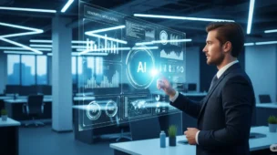 Com certeza! Aqui estão sugestões de título e alt text para a imagem: Título para o Blog Google Veo 3: Uma Janela Holográfica para o Futuro da Criação de Vídeo Alt Text para a Imagem Interface digital futurista do Google Veo 3. Uma tela holográfica elegante exibe uma cena urbana cinematográfica detalhada, com sobreposições digitais indicando geração de vídeo e áudio em tempo real. O ambiente apresenta tons de neon azul brilhante, elementos de design minimalistas de alta tecnologia e um layout limpo e moderno. O fundo é escuro com reflexos sutis, enfatizando a interface brilhante e criando uma atmosfera profissional e impulsionada por IA.