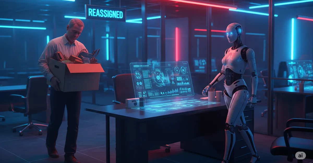 An ultra-realistic cinematic scene in a high-tech, futuristic corporate office with dramatic neon blue and red lighting. A visibly upset human employee walks away holding a cardboard box, while a confident humanoid robot steps into the workspace, taking over the desk with a holographic interface. Digital signage displays the word 'Reassigned