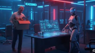 An ultra-realistic cinematic scene in a high-tech, futuristic corporate office with dramatic neon blue and red lighting. A visibly upset human employee walks away holding a cardboard box, while a confident humanoid robot steps into the workspace, taking over the desk with a holographic interface. Digital signage displays the word 'Reassigned