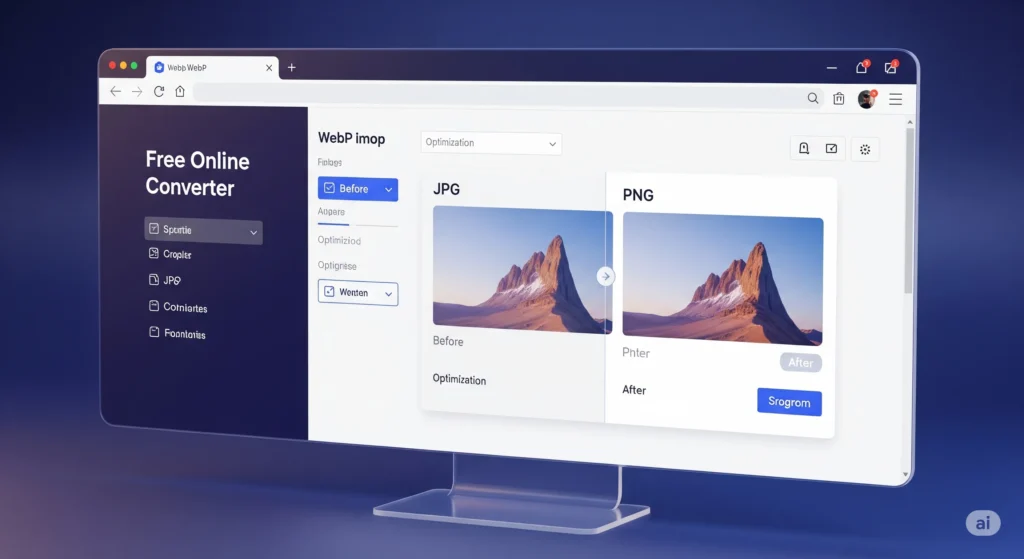 A hyper-realistic editorial-style image of a free online WebP converter tool in use, showing JPG and PNG images being optimized in a web interface, with vibrant lighting and a modern browser design.