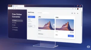 A hyper-realistic editorial-style image of a free online WebP converter tool in use, showing JPG and PNG images being optimized in a web interface, with vibrant lighting and a modern browser design.