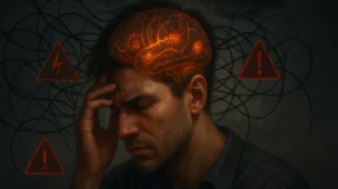 Uma ilustração digital realista de um cérebro humano sob estresse. A pessoa retratada exibe tensão emocional visível, com metáforas visuais como fios emaranhados, símbolos de aviso vermelhos e nuvens de tempestade acima da cabeça. Áreas do cérebro como a amígdala, o córtex pré-frontal e o hipocampo estão destacadas com um brilho intenso. O ambiente está pouco iluminado, simbolizando sobrecarga mental, mas uma luz suave ao fundo sugere recuperação e cura emocional.