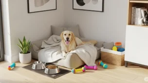 Fotografia fotorrealista de um cantinho aconchegante para pets em um interior de casa moderna. A cena mostra uma cama confortável para cães com cobertores macios, tigelas de comida e água em um tapete antiderrapante, brinquedos coloridos espalhados por perto e uma pequena cesta de armazenamento para acessórios de animais de estimação. O ambiente é um canto de um cômodo bem iluminado com luz natural, e um golden retriever feliz está deitado confortavelmente na cama. Elementos como uma pequena planta, piso de madeira e decoração de casa contemporânea estão visíveis ao fundo, criando uma atmosfera brilhante e convidativa