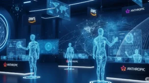 Uma cena futurista de um mercado digital com agentes de IA holográficos e brilhantes interagindo com painéis de dados. Os logotipos da Amazon Web Services (AWS) e da Anthropic são visíveis, simbolizando parcerias tecnológicas. O ambiente é elegante e de alta tecnologia, com uma paleta de cores em azul profundo e neon. Ao fundo, visuais abstratos representam conectividade global e computação em nuvem, transmitindo uma sensação de inovação e modernidade.