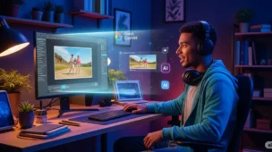Um jovem criador de conteúdo brasileiro, usando fones de ouvido, olha com admiração para a tela do computador em seu aconchegante escritório. No monitor, uma foto estática se transforma em vídeo com um brilho futurista, exibindo os logotipos do Google Gemini e de IA. O ambiente é iluminado por luzes azuis, roxas e amarelas, e há plantas, cadernos e outros aparelhos na mesa, indicando um espaço criativo e tecnológico.