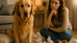 Um golden retriever com olhos ansiosos, mas esperançosos, sentado ao lado de uma almofada rasgada e com o enchimento espalhado. Na luz suave e quente de uma casa moderna, um dono de animal de estimação preocupado observa ao fundo, transmitindo uma profunda conexão emocional e compreensão.