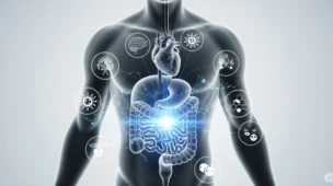 Papel do intestino na saúde geral: ilustração médica mostrando intestino como segundo cérebro controlando sistemas corporais, imunidade, humor e metabolismo