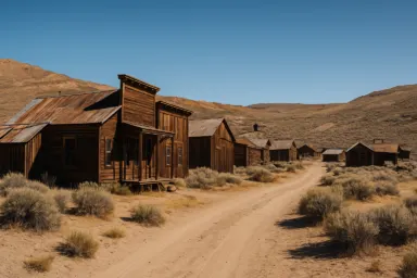 Ruínas de uma cidade abandonada em meio ao deserto na Califórnia sob céu claro